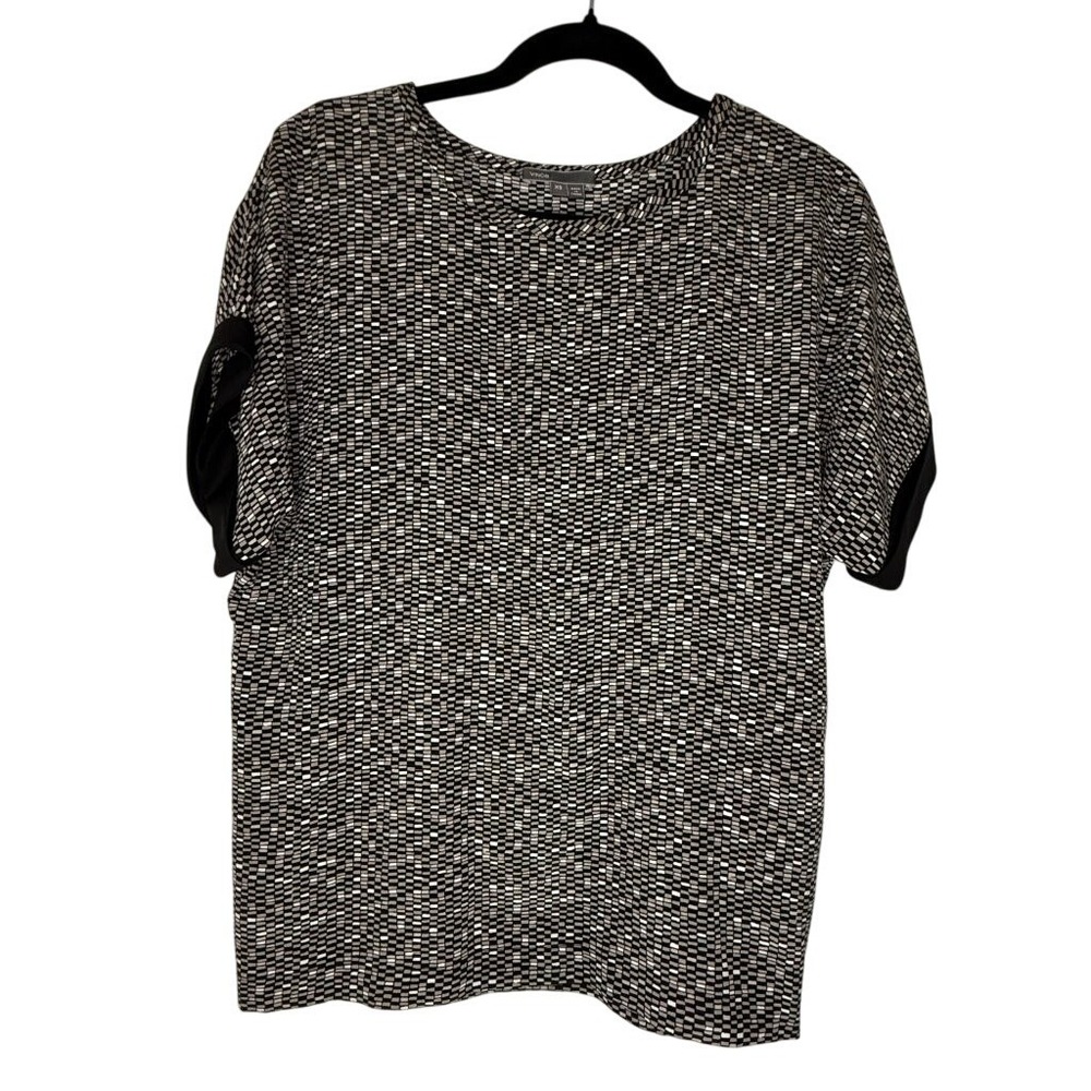 Vince 100% Silk Blouse  Women's XS  Taupe Black Cream Geometric Short Sleeve